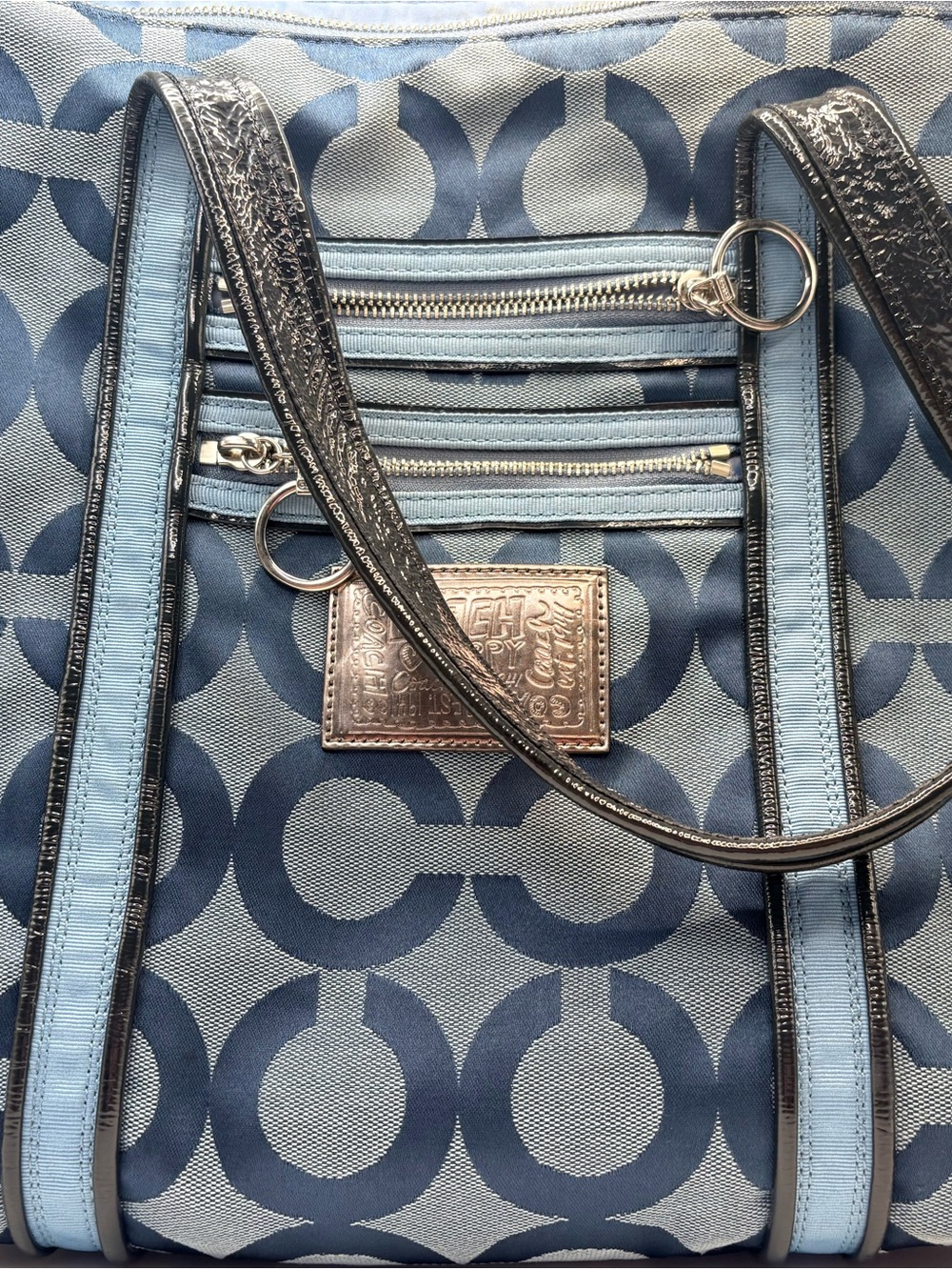 Coach Poppy Glam Tote Blue Op Art Signature Shoulder Bag Y2K - Picture 2 of 14
